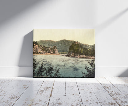 A picture of Strudel (i.e., rapids), Upper Austria, Austro-Hungary, a mockup of the print leaning against a wall