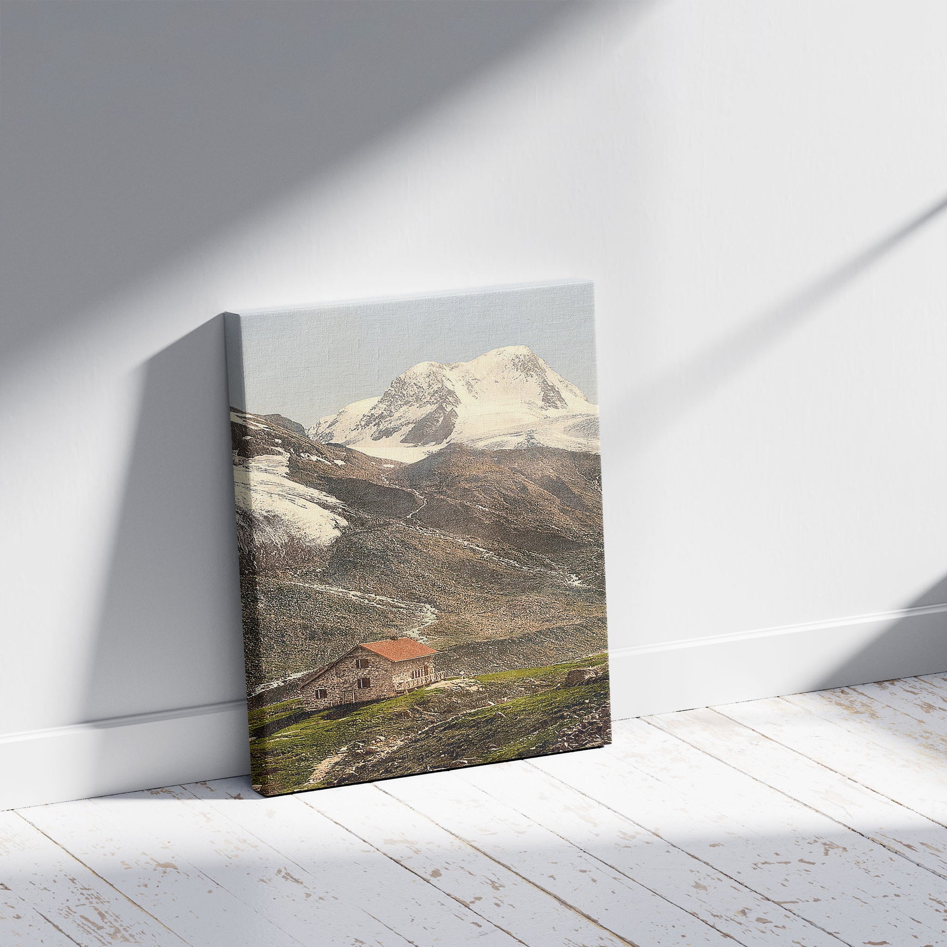A picture of Stubaithal (i.e., Stubaital), Dresdenerhut and Schaufelspitze, Tyrol, Austro-Hungary, a mockup of the print leaning against a wall