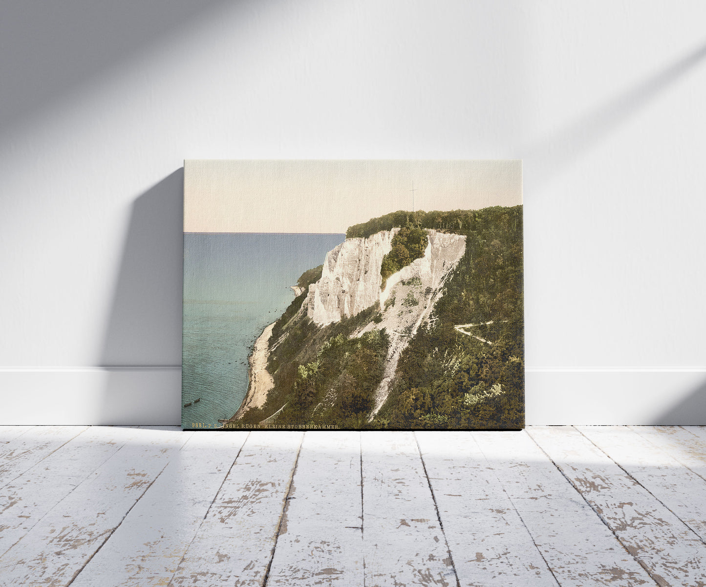 A picture of Stubbenkammer Kleine (i.e., Keline Stubbenkammer), Isle of Rugen, Germany, a mockup of the print leaning against a wall