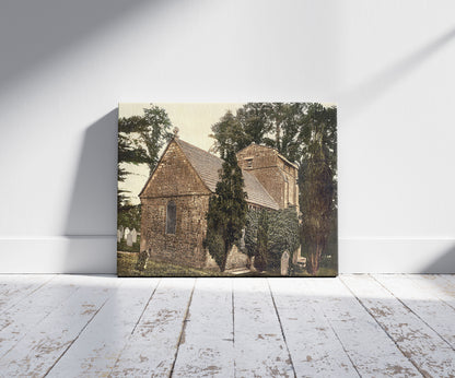 A picture of Studland Church, Swanage i.e. Studland, England, a mockup of the print leaning against a wall