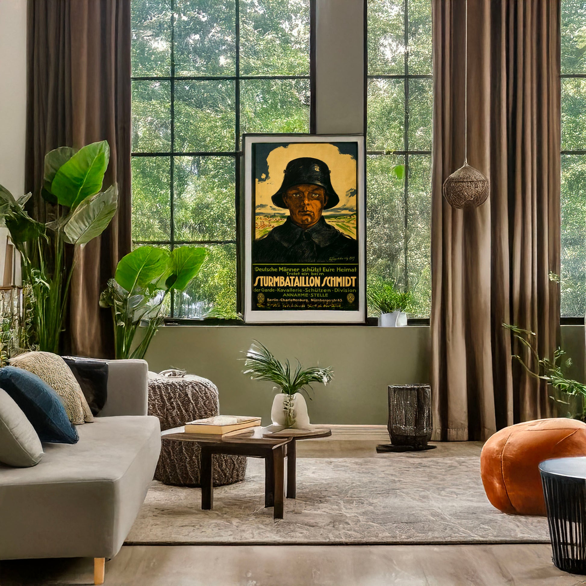 A picture of Sturmbataillon Schmidt; Deutsche Männer schütt Eure Heimat! Tretet ein beim ..., a mockup of the print leaning against a wall