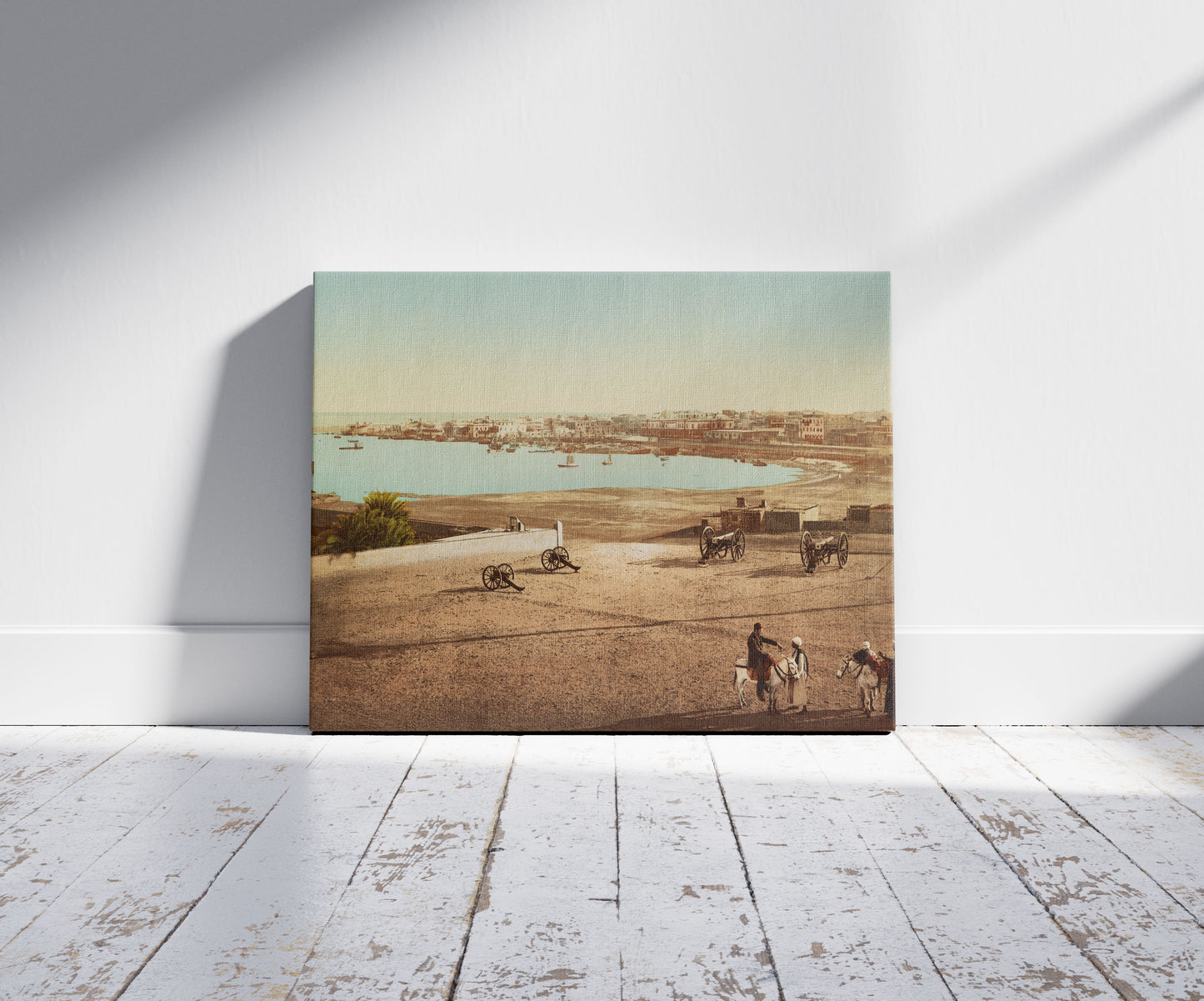 A picture of Suez, depuis le fort, a mockup of the print leaning against a wall