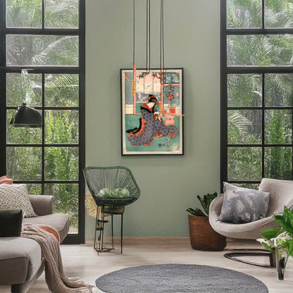 A picture of Sugizakeya musume omiwa, a mockup of the print leaning against a wall