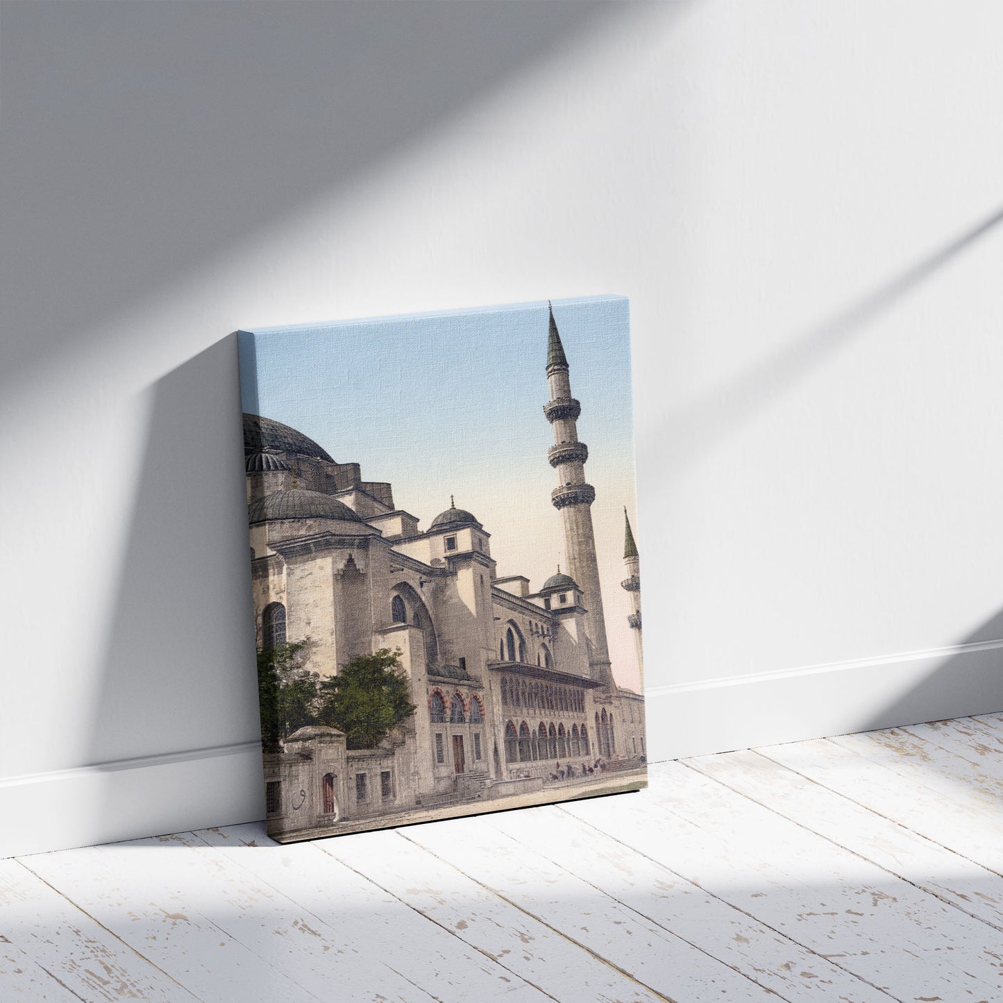 A picture of Süleymaniye Camii (mosque), Constantinople, Turkey, a mockup of the print leaning against a wall