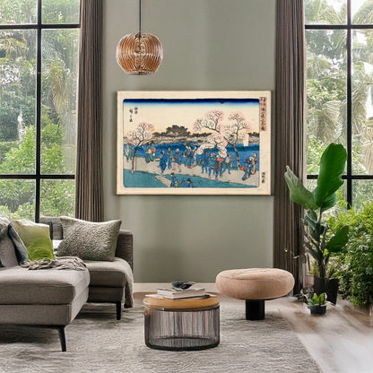 A picture of Sumida tsutsumi hanami no zu, a mockup of the print leaning against a wall