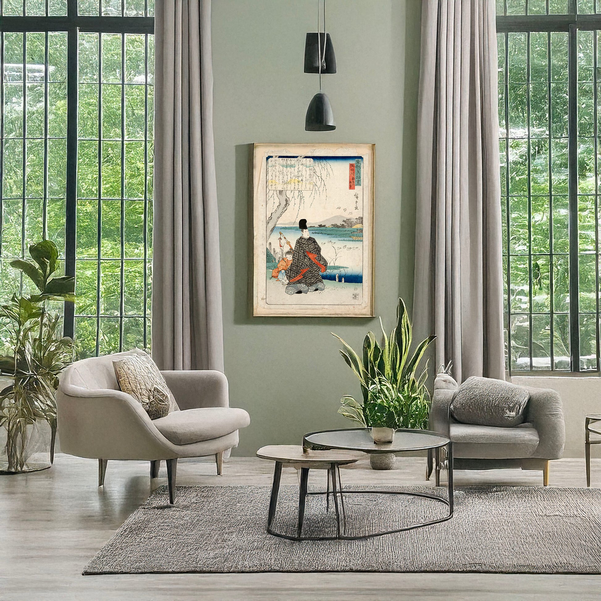 A picture of Sumidagawa miyakodori no koji, a mockup of the print leaning against a wall