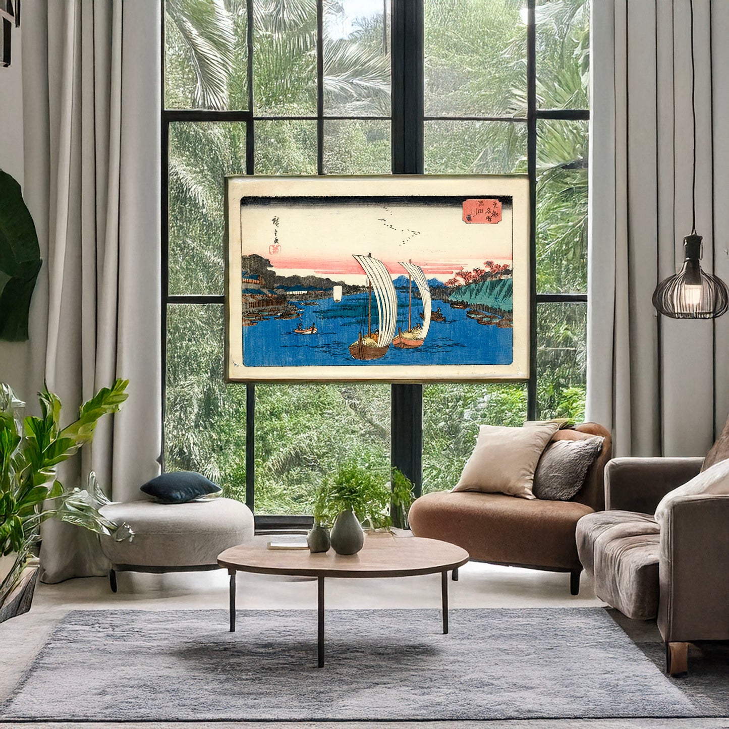 A picture of Sumidagawa no zu, a mockup of the print leaning against a wall