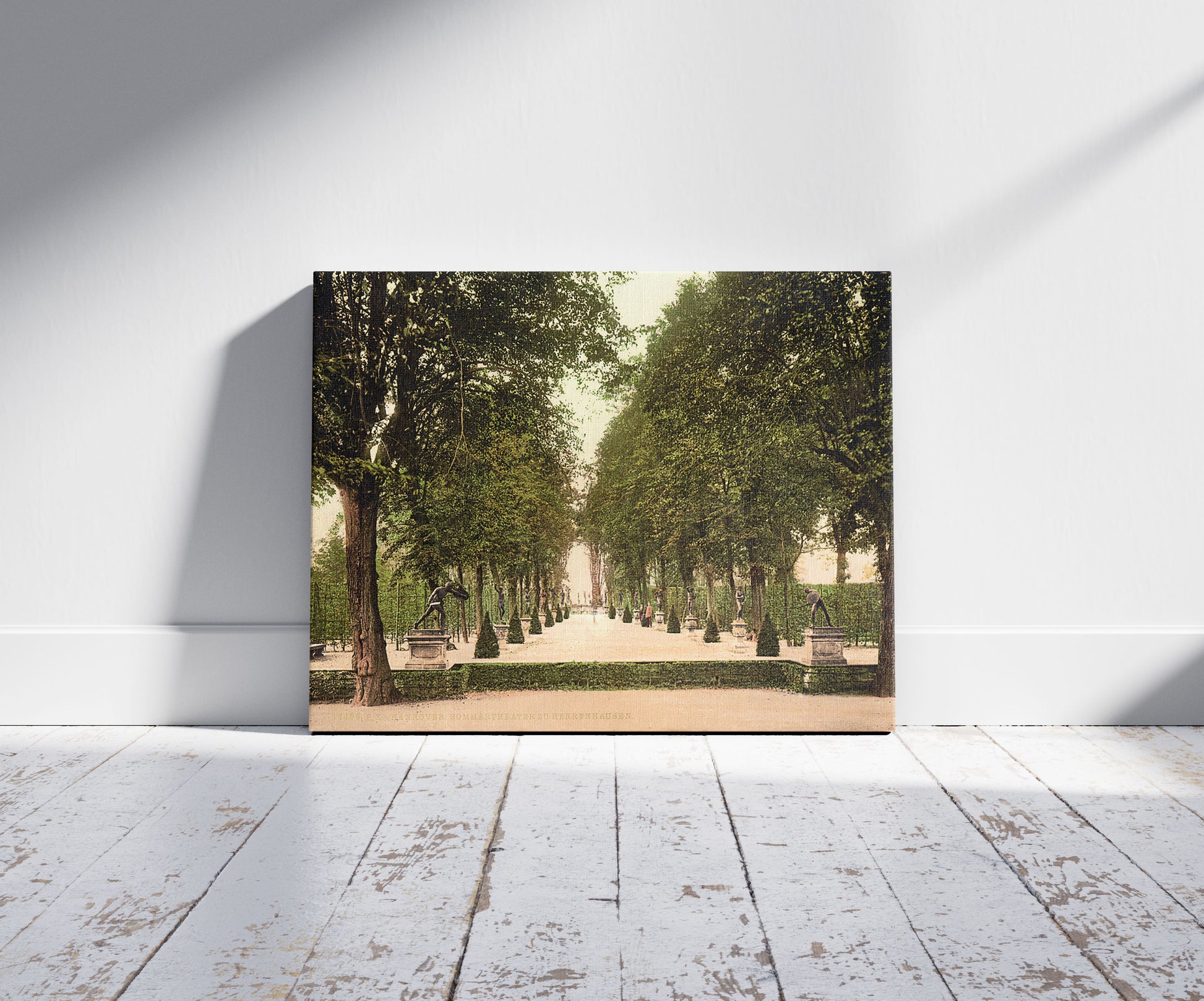 A picture of Summer theatre at Herrenhausen, Hanover, Hanover, Germany, a mockup of the print leaning against a wall