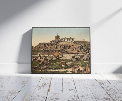 A picture of Summit of the Puy de Dôme and ruins of the temple Mercury, Clermont-Ferrand, France, a mockup of the print leaning against a wall