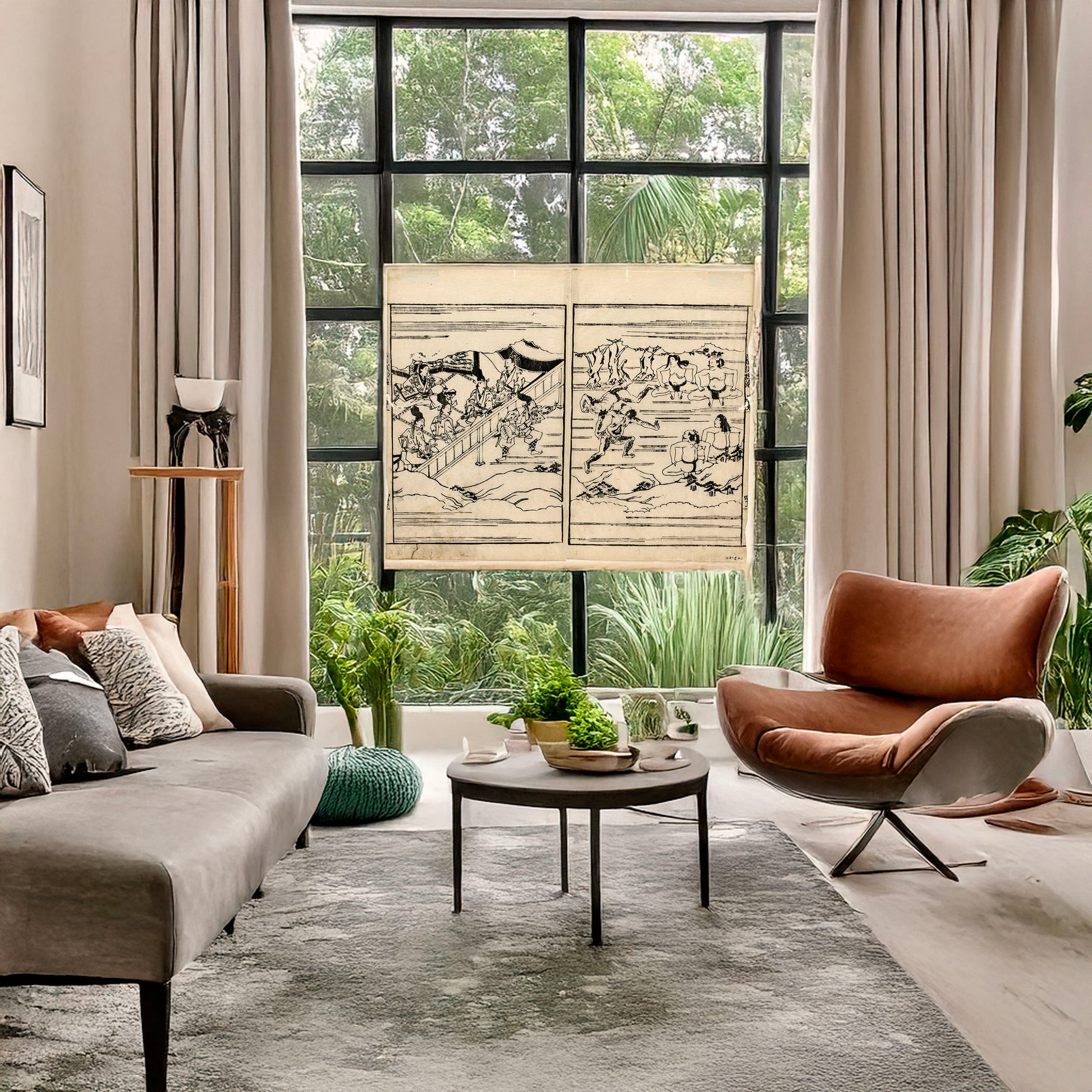 A picture of Sumō, a mockup of the print leaning against a wall