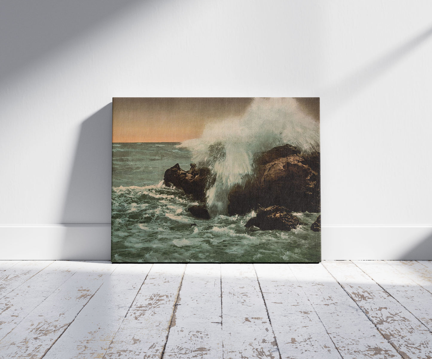 A picture of Surf view, Ventimiglia, Riviera, a mockup of the print leaning against a wall