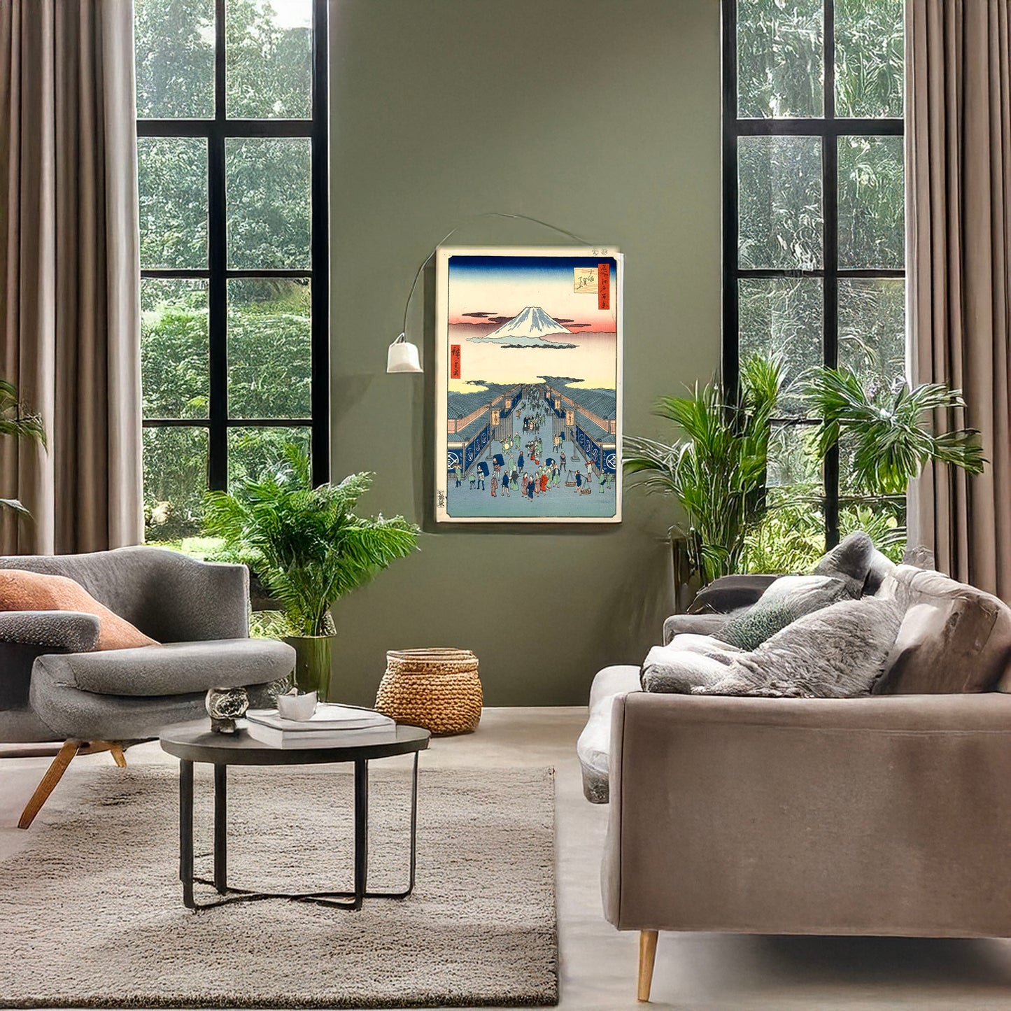 A picture of Suruga-chō, a mockup of the print leaning against a wall