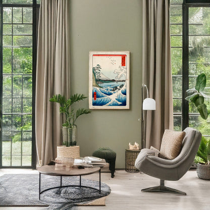 A picture of Suruga satta no kaijō, a mockup of the print leaning against a wall