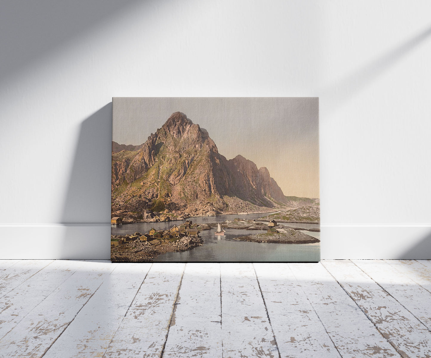 A picture of Svolvaer, Lofoten, Norway, a mockup of the print leaning against a wall