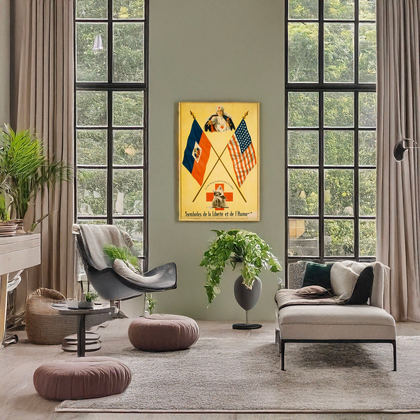 A picture of Symboles de la liberté et de l'humanité La Croix Rouge, la mère de toutes les nations., a mockup of the print leaning against a wall