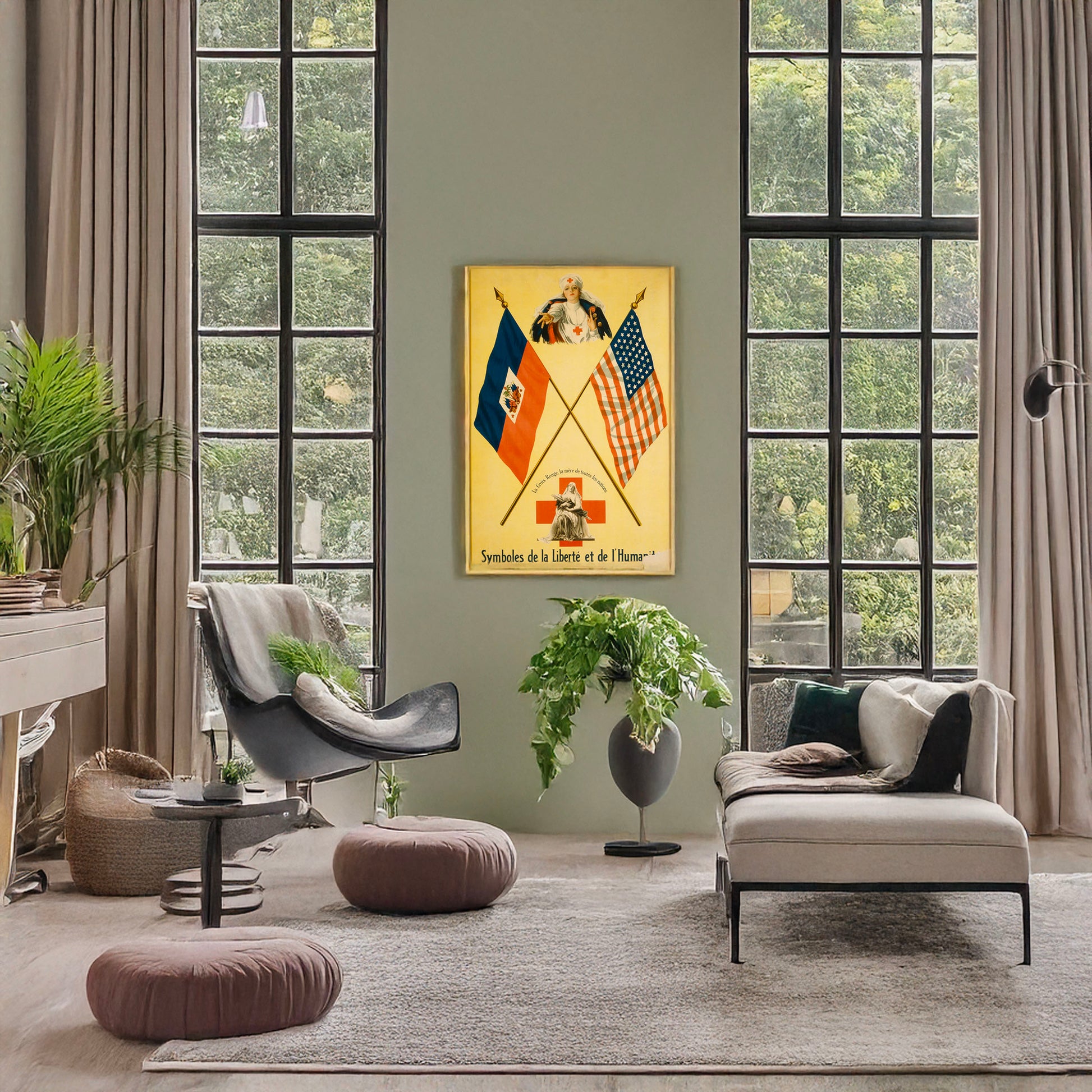 A picture of Symboles de la liberté et de l'humanité La Croix Rouge, la mère de toutes les nations., a mockup of the print leaning against a wall