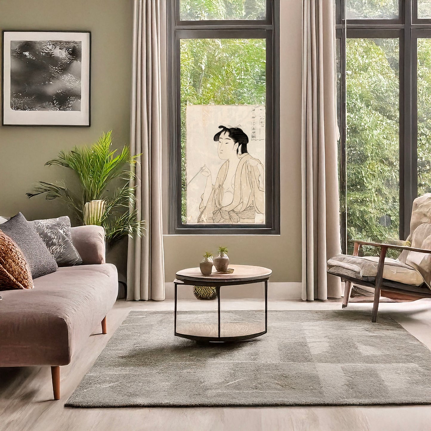 A picture of Tabako o suu onna, a mockup of the print leaning against a wall