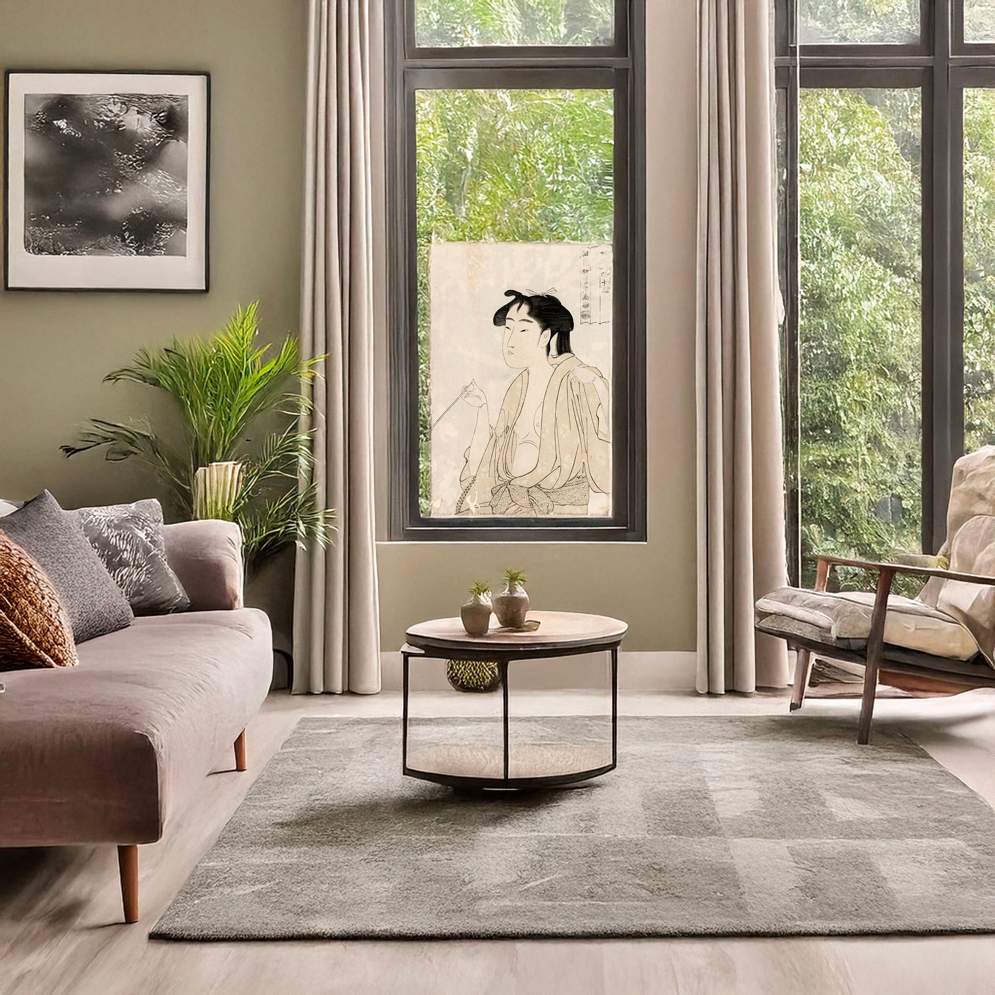 A picture of Tabako o suu onna, a mockup of the print leaning against a wall