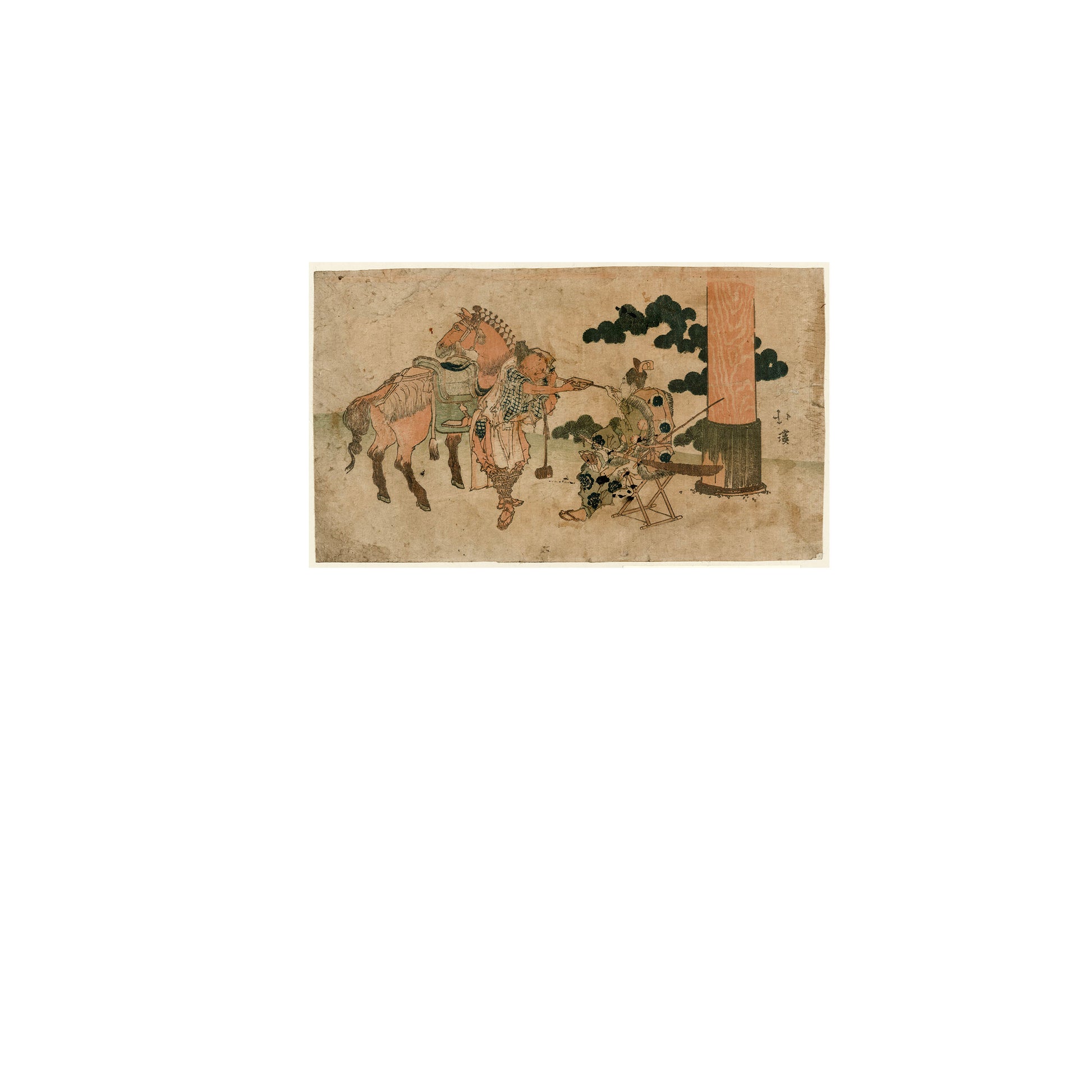 A picture of Tabako o suu shinji no futari, a mockup of the print leaning against a wall