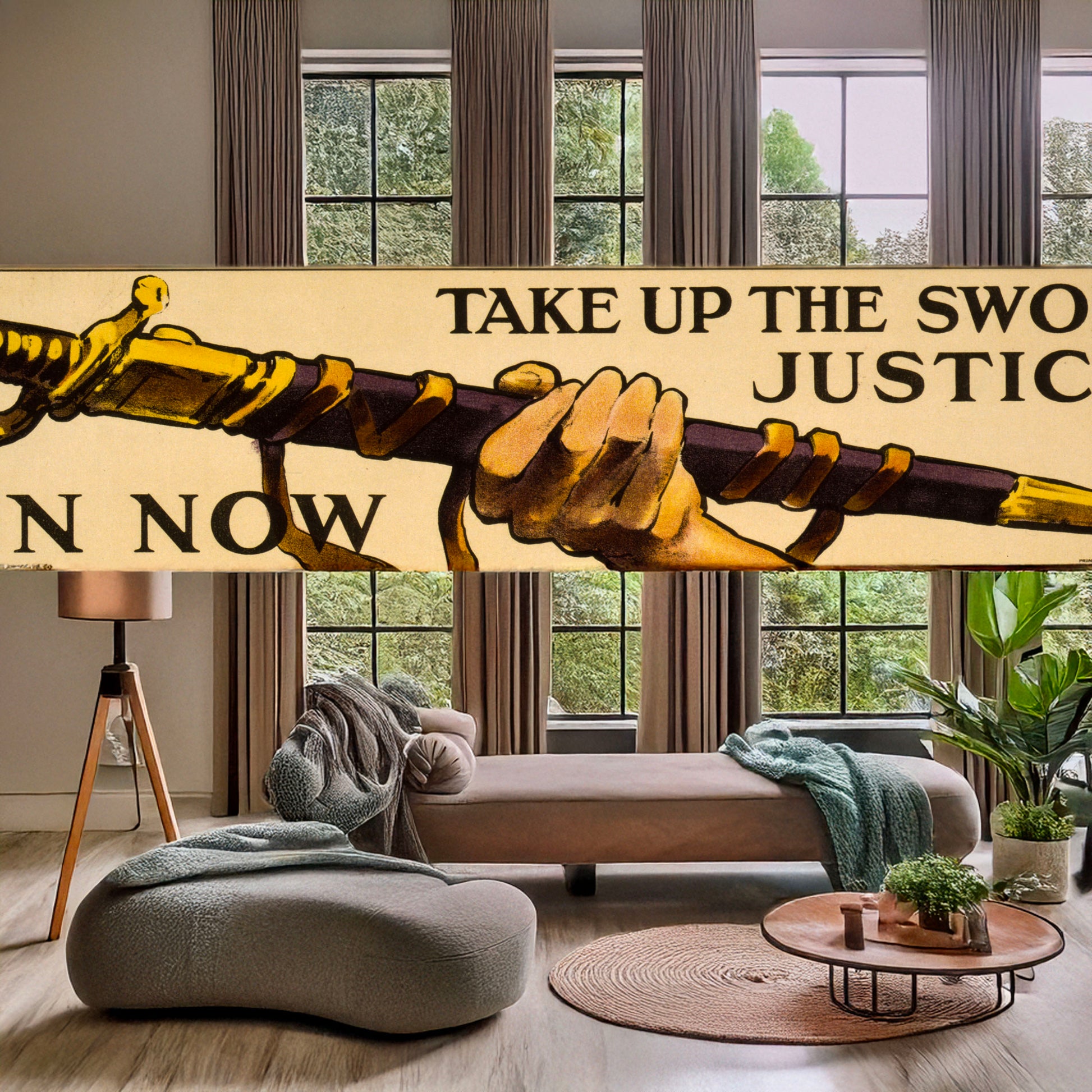 A picture of Take up the sword of justice. Join now, a mockup of the print leaning against a wall
