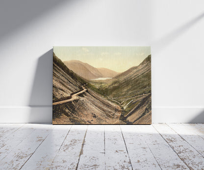 A picture of Tal-y-Llyn Pass, Dolgelly (i.e. Dolgellau), Wales, a mockup of the print leaning against a wall