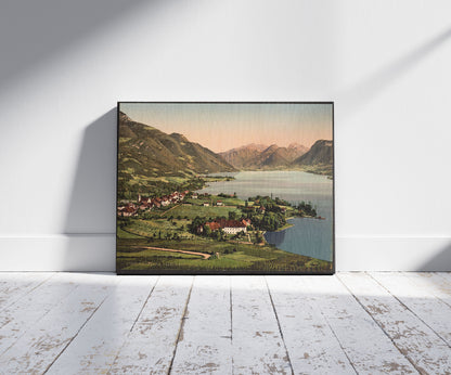 A picture of Talloires, Annecy, France, a mockup of the print leaning against a wall