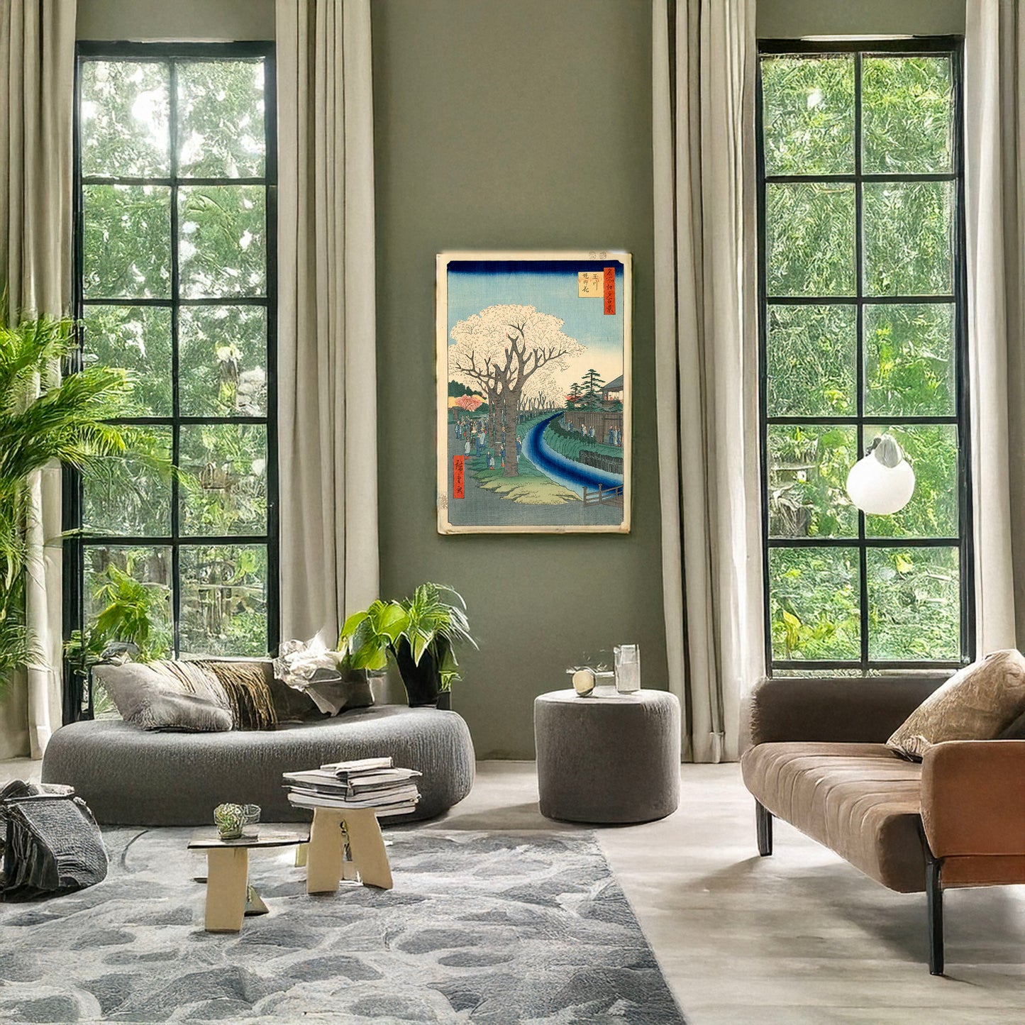 A picture of Tamagawa-zutsumi no hana, a mockup of the print leaning against a wall