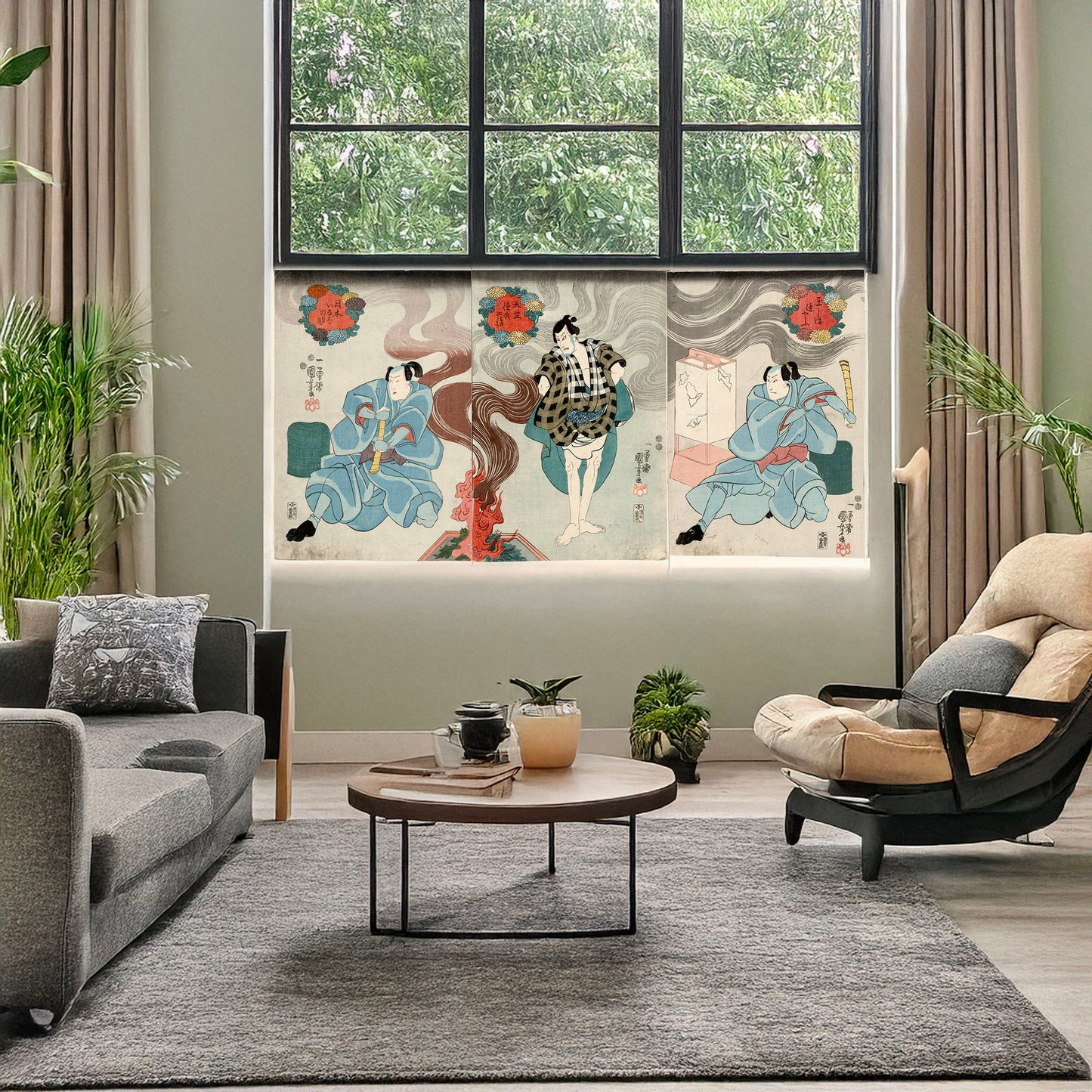 A picture of Tamashima ittō tenjiku tokubei tsukimoto inabanosuke, a mockup of the print leaning against a wall