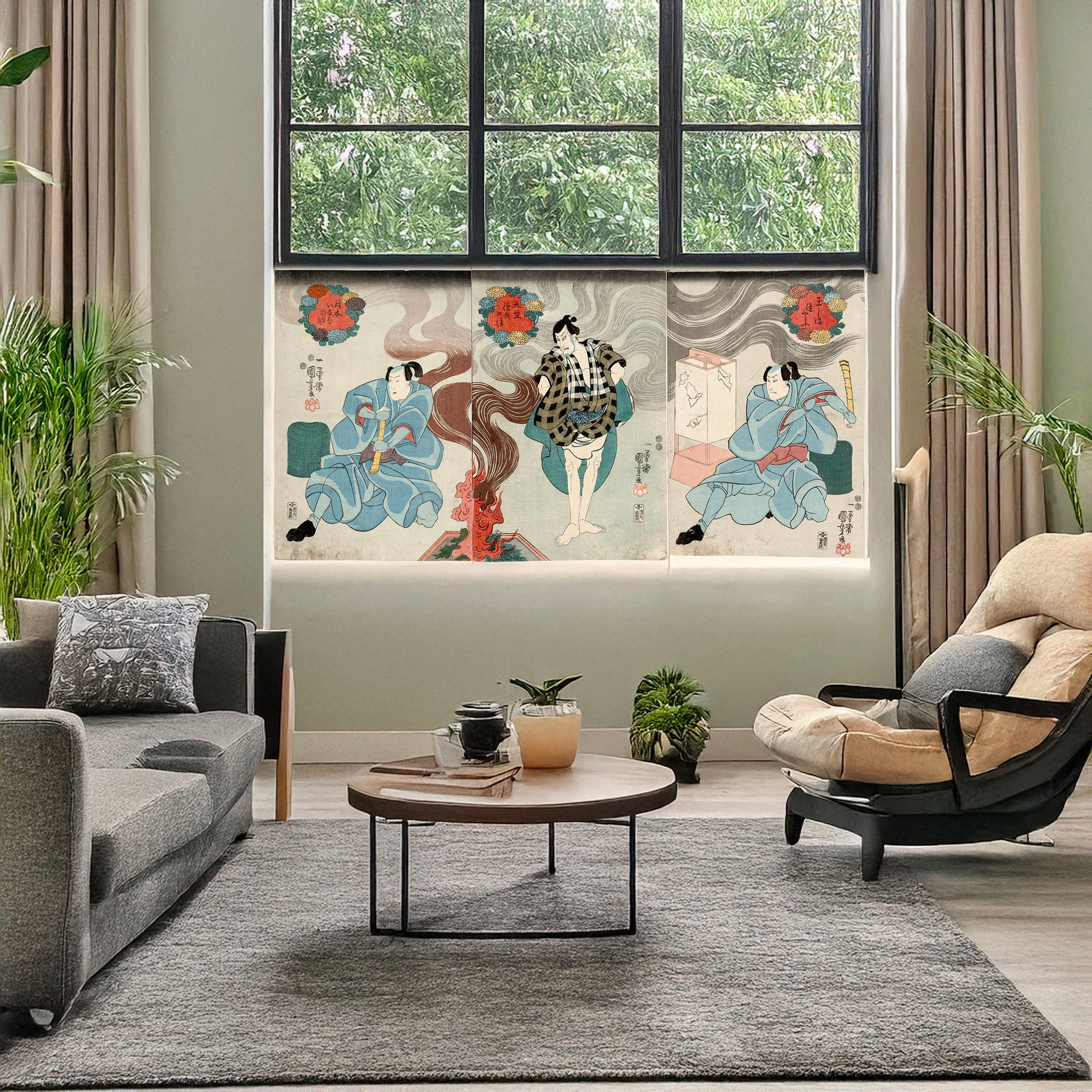 A picture of Tamashima ittō tenjiku tokubei tsukimoto inabanosuke, a mockup of the print leaning against a wall