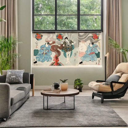 A picture of Tamashima ittō tenjiku tokubei tsukimoto inabanosuke, a mockup of the print leaning against a wall