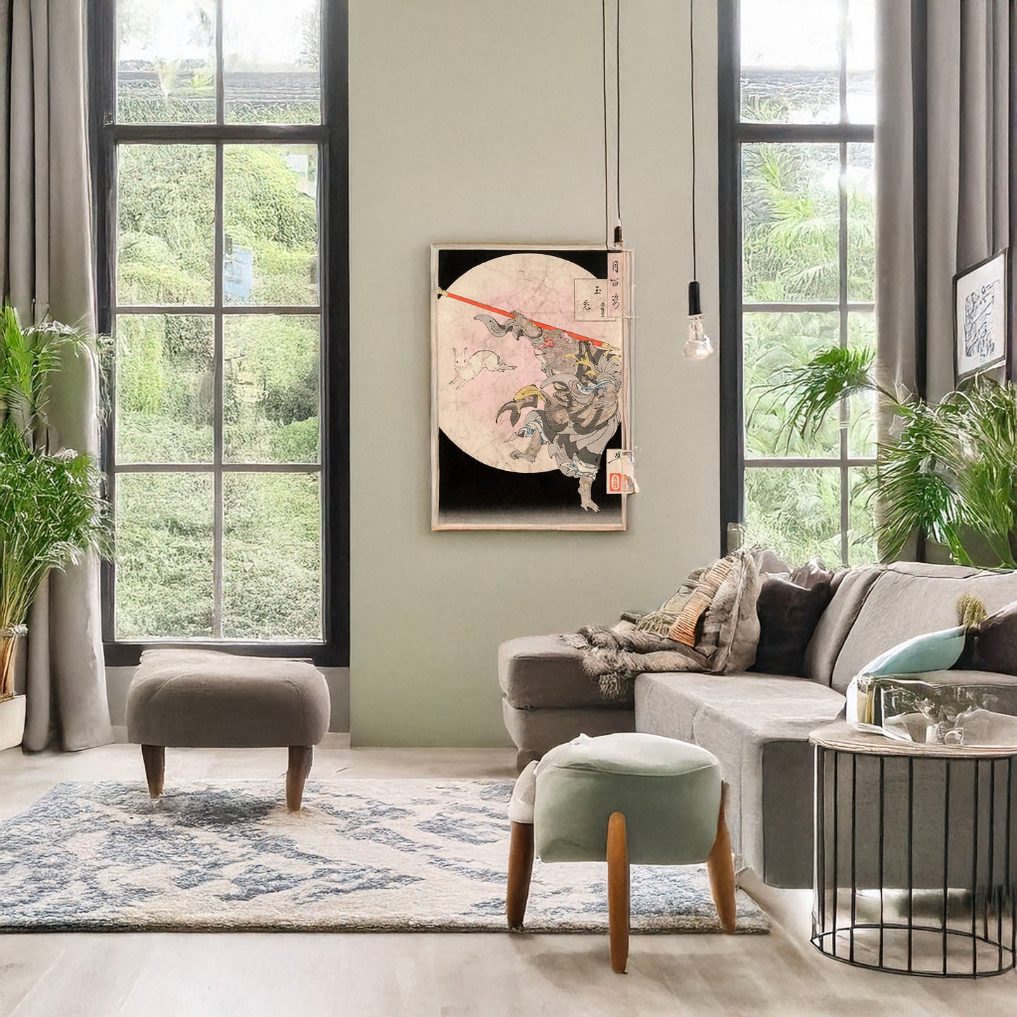 A picture of Tamausagi songokū, a mockup of the print leaning against a wall