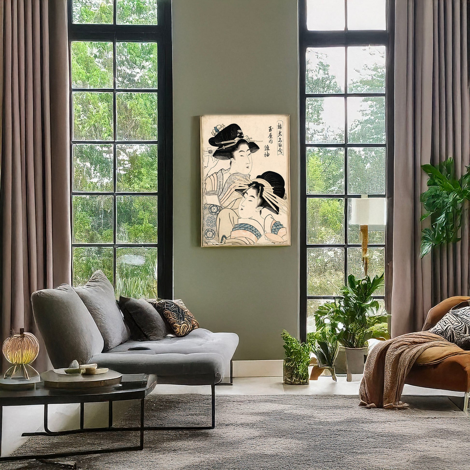 A picture of Tamaya uchi tagasode, a mockup of the print leaning against a wall
