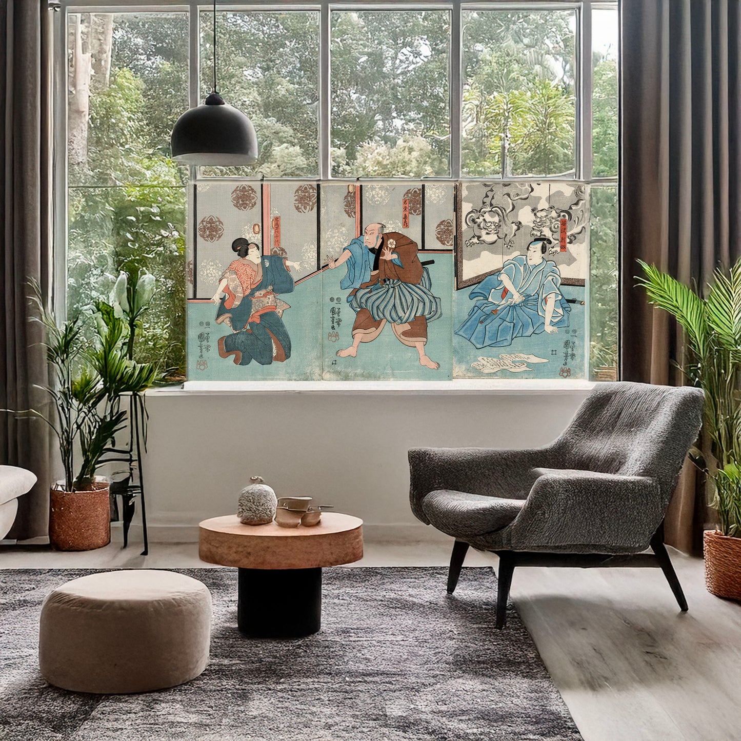 A picture of Tanizawa tanomo wakatō kihei iwafuji meshitsukai chiyo, a mockup of the print leaning against a wall
