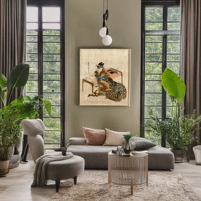 A picture of Tanzaku o motsu yūjo, a mockup of the print leaning against a wall