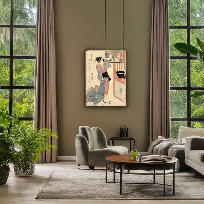 A picture of Tatsu no koku asa itsustsu tsuruya uchi kashiku, a mockup of the print leaning against a wall
