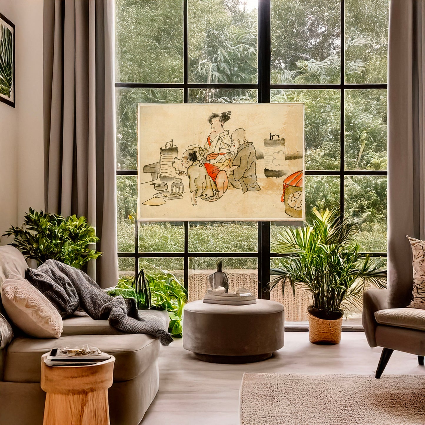 A picture of Tea ceremony, a mockup of the print leaning against a wall