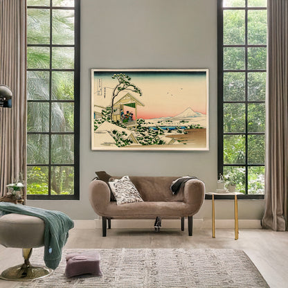 A picture of Teahouse at Koishikawa the morning after a snowfall, a mockup of the print leaning against a wall