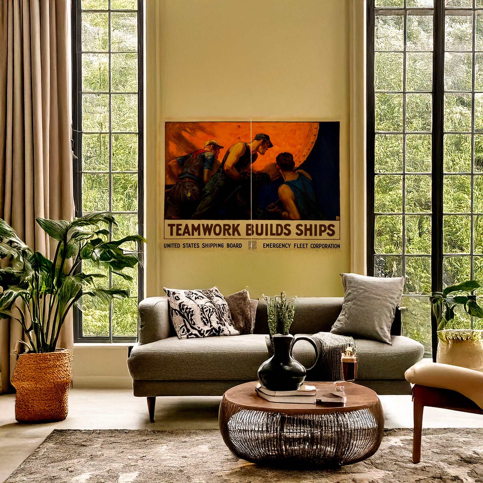 A picture of Teamwork builds ships, a mockup of the print leaning against a wall