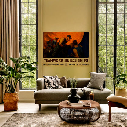 A picture of Teamwork builds ships, a mockup of the print leaning against a wall