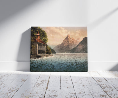 A picture of Tell's Chapel, evening view, Lake Lucerne, Switzerland, a mockup of the print leaning against a wall