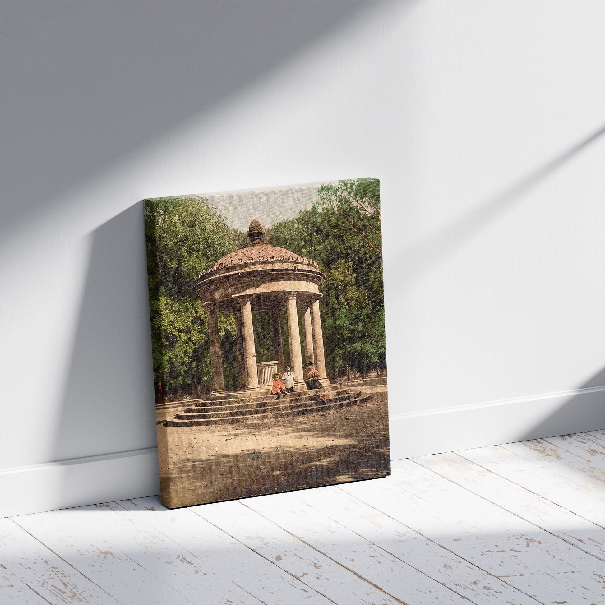 A picture of Temple of Bosco, Rome, Italy, a mockup of the print leaning against a wall