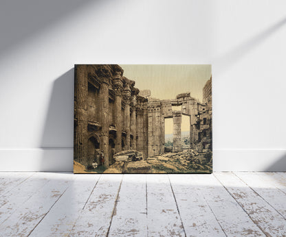 A picture of Temple of Jupiter, interior, Baalbek, Holy Land, (i.e., Ba'labakk, Lebanon), a mockup of the print leaning against a wall