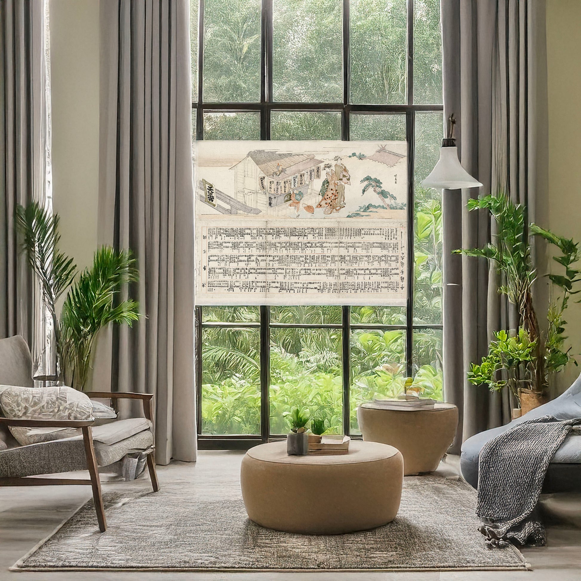 A picture of Tennōgū no chōzuba, a mockup of the print leaning against a wall