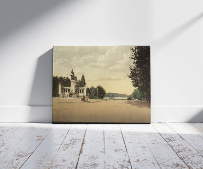 A picture of Tête d'Or park and monument to the Legions of the Rhone, Lyons, France, a mockup of the print leaning against a wall