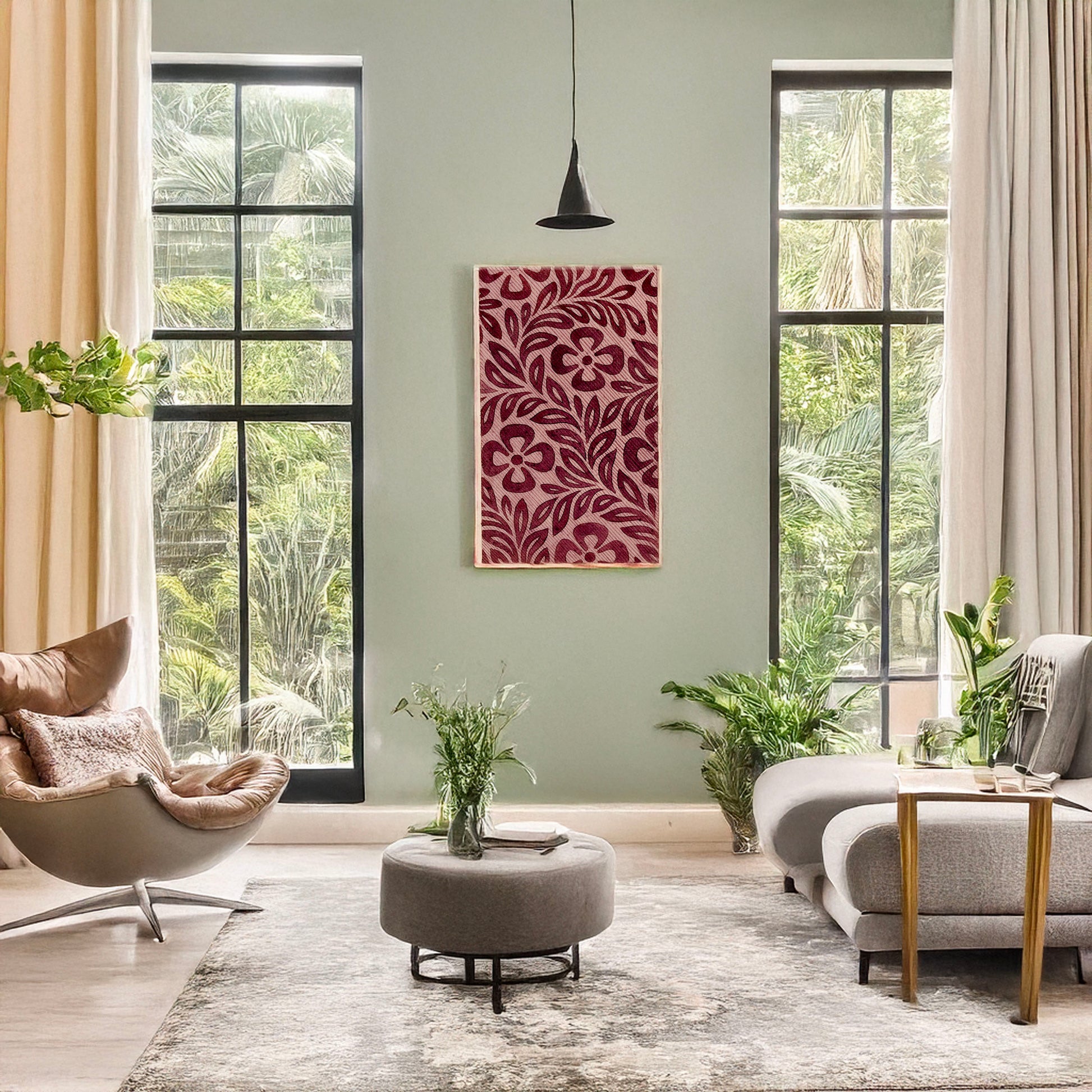 A picture of Textile design with flower motif, a mockup of the print leaning against a wall