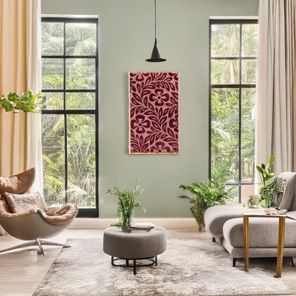 A picture of Textile design with flower motif, a mockup of the print leaning against a wall