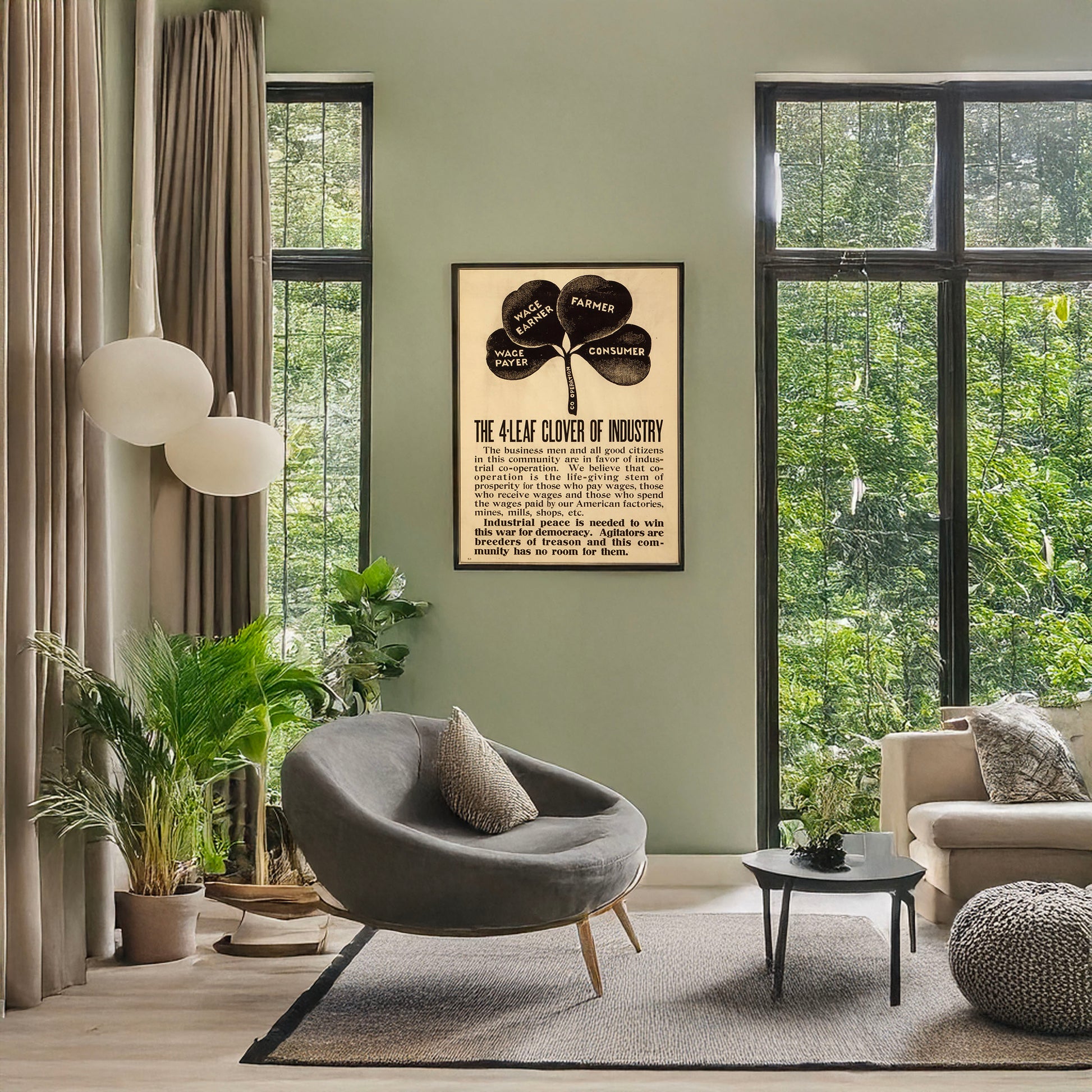 A picture of The 4-leaf clover of industry, a mockup of the print leaning against a wall