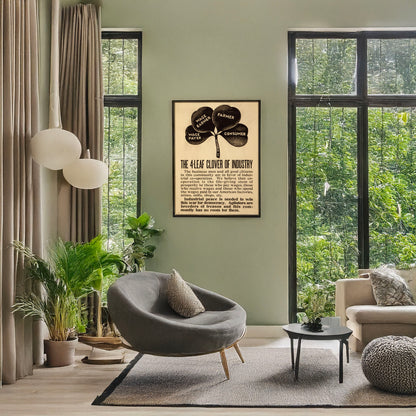 A picture of The 4-leaf clover of industry, a mockup of the print leaning against a wall