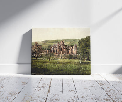 A picture of The Abbey, Melrose, Scotland, a mockup of the print leaning against a wall