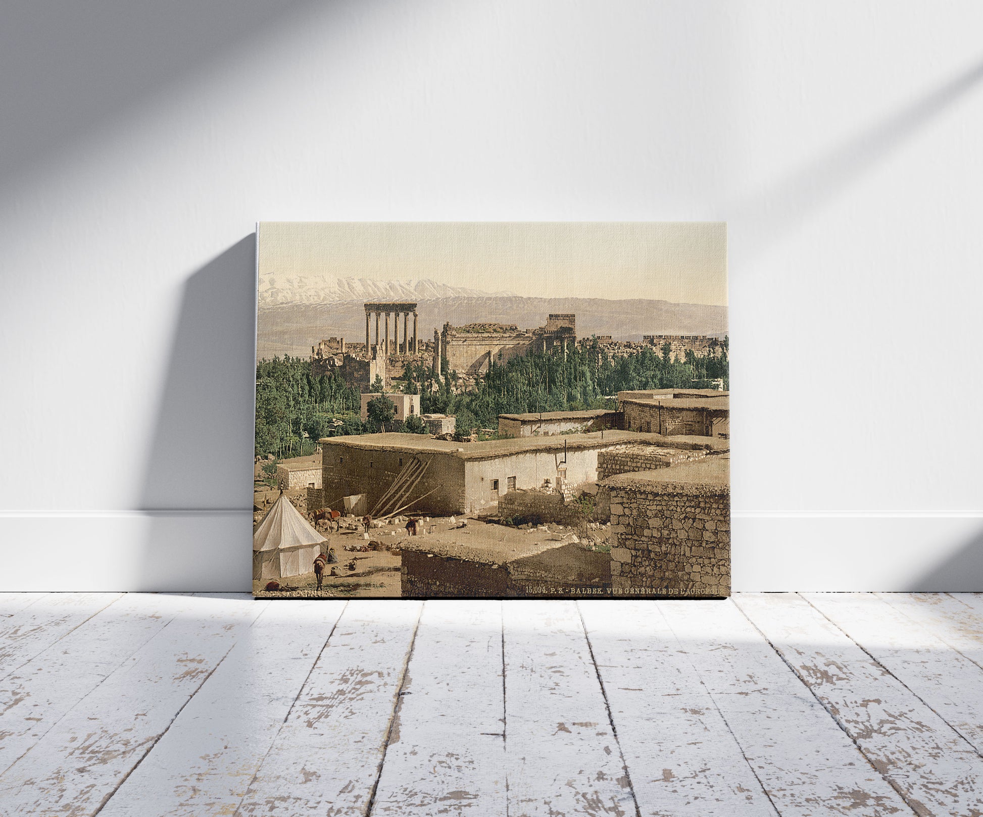 A picture of The Acropolis, Baalbek, Holy Land, (i.e., Baʻlabakk, Lebanon), a mockup of the print leaning against a wall